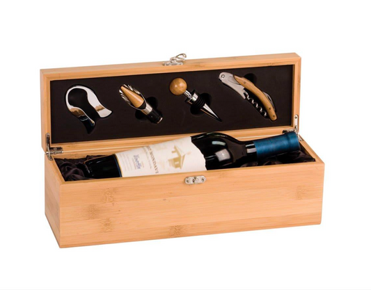 Personalized bamboo wine box with tools.